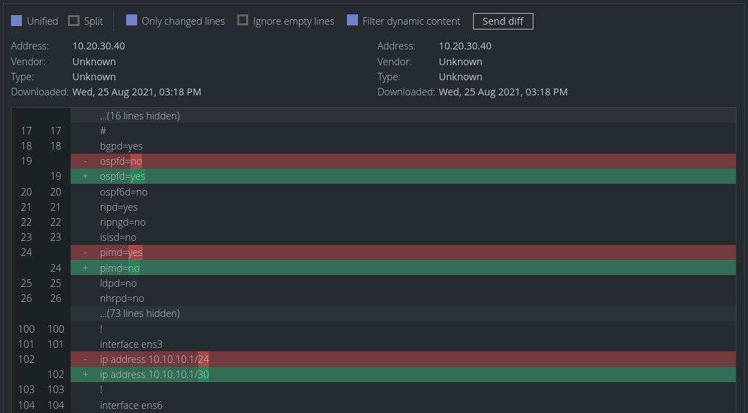 Unimus FRR backup diff
